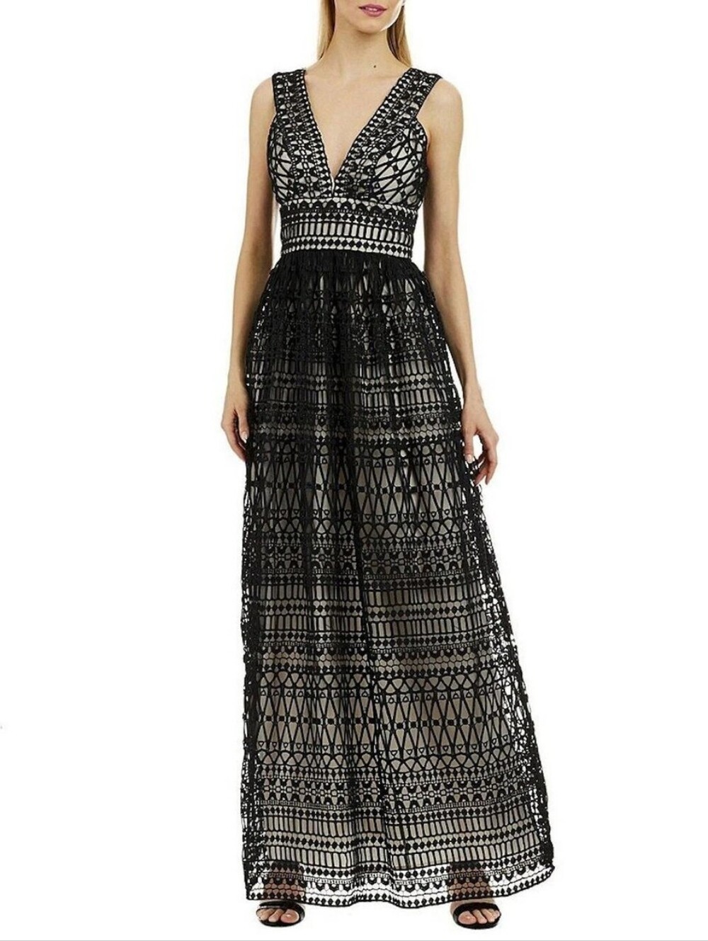 Nicole Miller Black Lace Overlay V-Neck Maxi Dress. Size 8